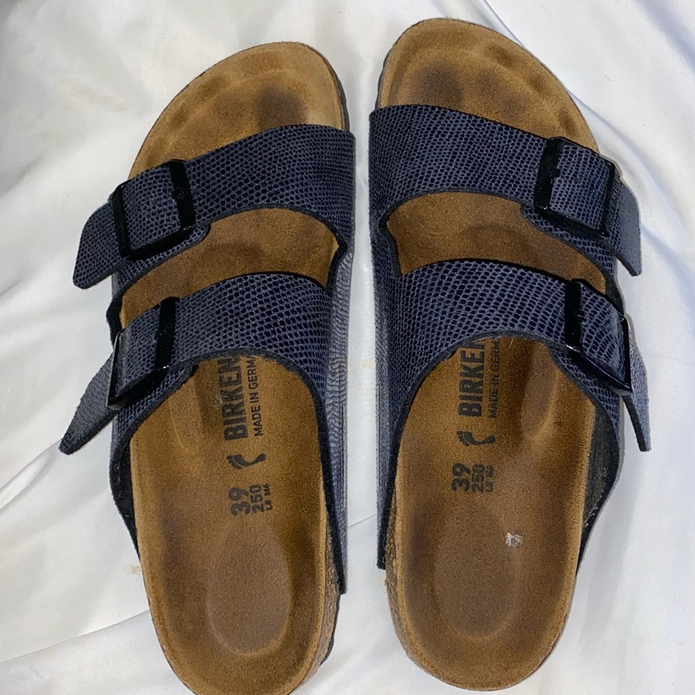 Used Birkenstock Snake Skin Print Navy Sandals